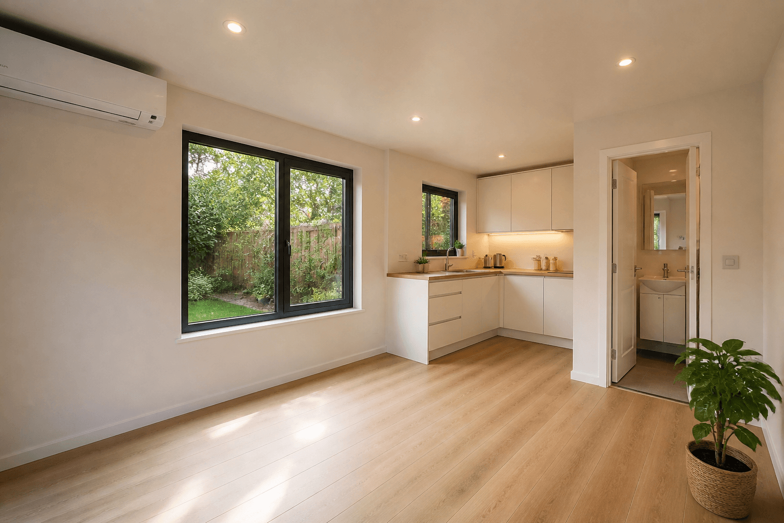 Volledig ingerichte prefab unit met keuken, airco en maatkasten