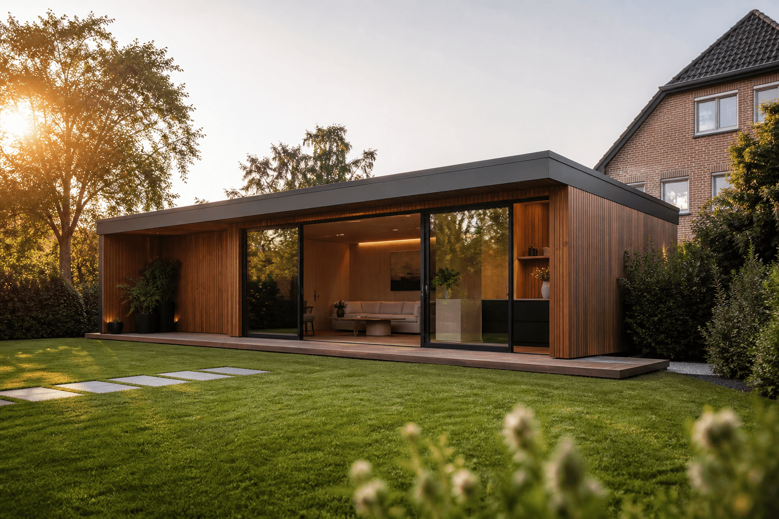 Prefab bijgebouw en poolhouse op maat in een Vlaamse tuin — Atelier Annex